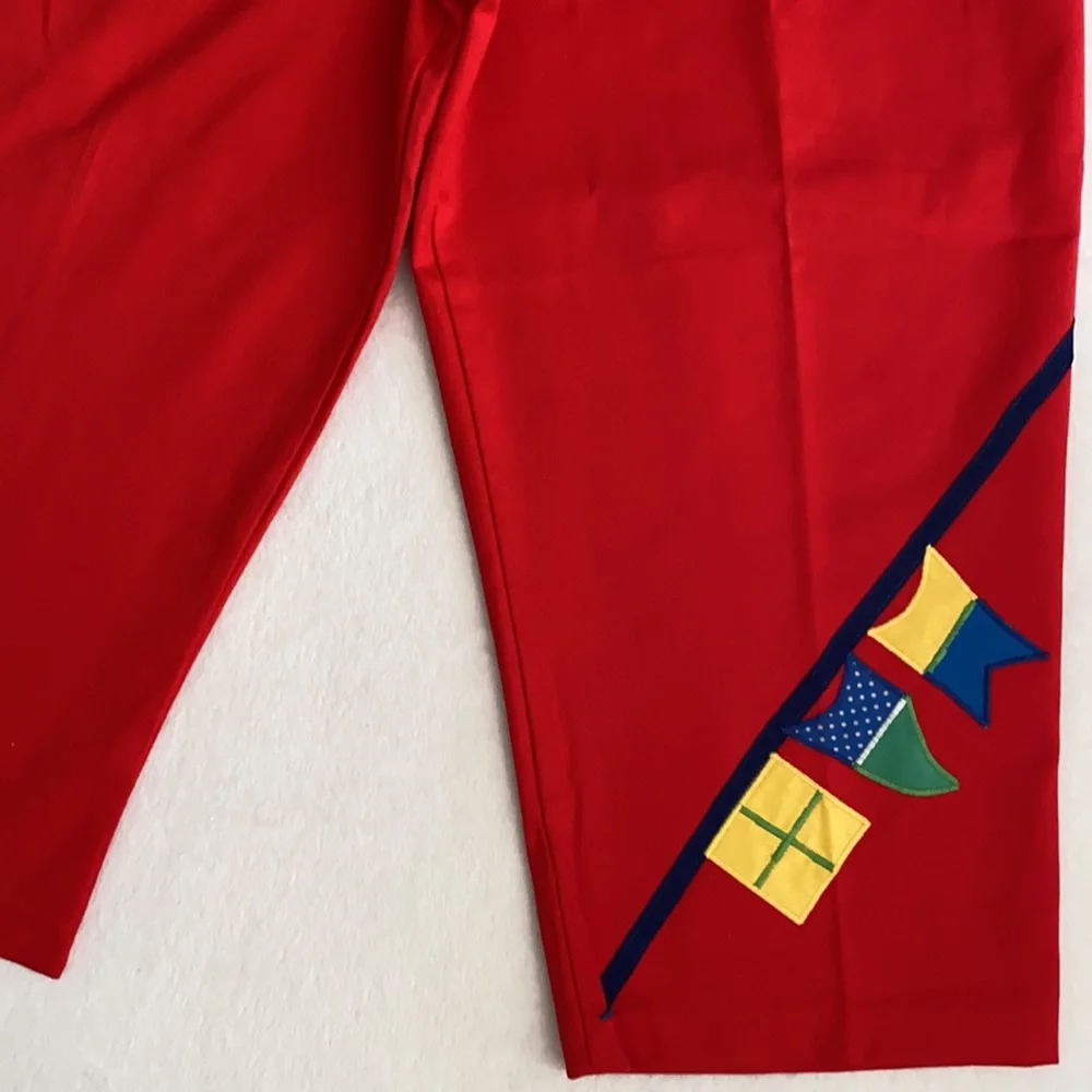 {VTG} The Frog Pond | 80s Embroidered Flags High Waisted Pleated Capri Pants Red - Picture 7 of 16